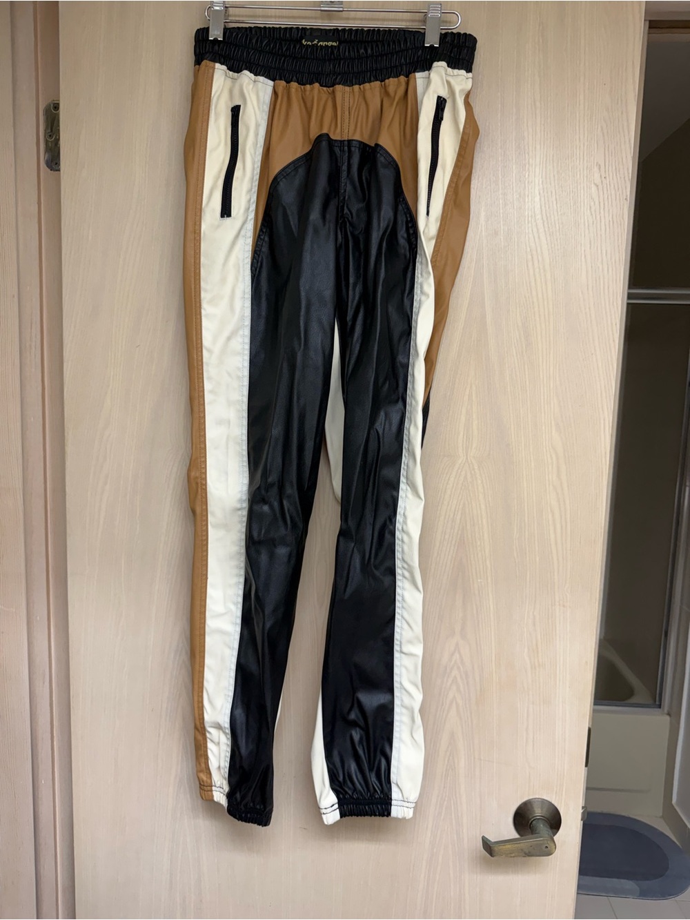 like an angel Black, Cream & Brown Colorblock Faux Leather Track Pants